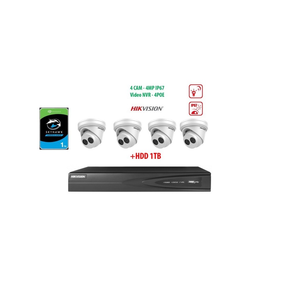 komplektas Hikvision 4vnt. IP Kameros 4MP Dome kameros + Hikvision 7604NI-K1/4P + HDD 1TB