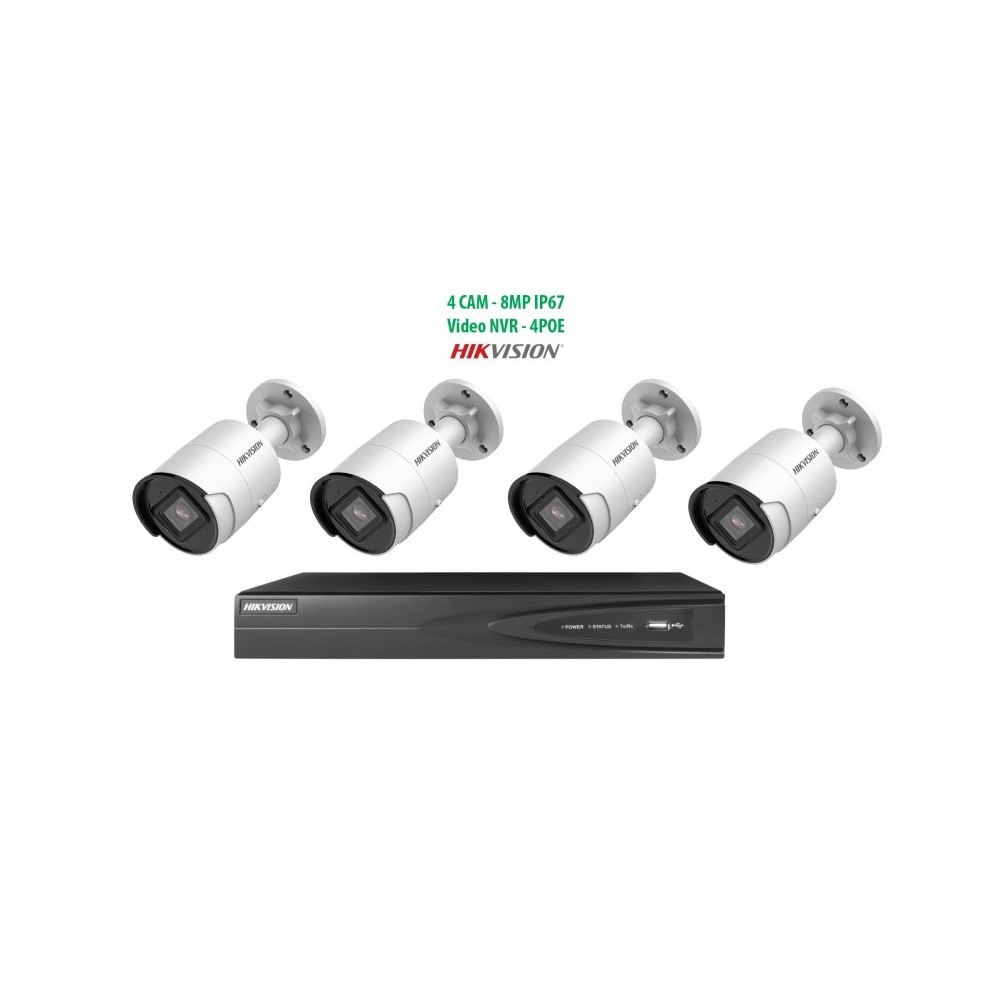 komplektas Hikvision 4vnt. IP Kameros 8MP cilindrinė + Hikvision 7604NI-K1/4P